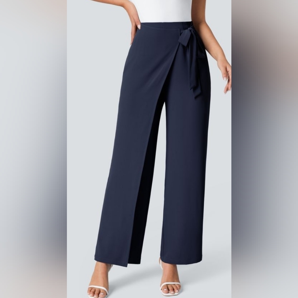 HALARA Navy High Wasteed Side Tie Wide Leg Pants